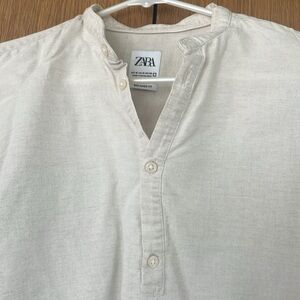 Zara relaxed fit 55% linen 45% cotton, natural long sleeve half button pullover